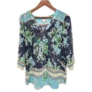 J Jill Floral Blouse Medium Blue Green Sheer Boho Tunic 3/4 Sleeve Top